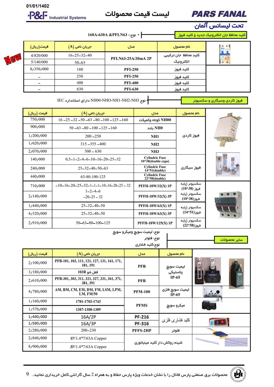 لیست قیمت محصولات پارس فانال